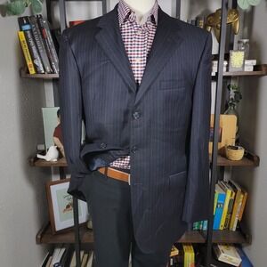 JOS‎ A BANK MITCHELL Men's Sport Coat Three Button Navy Striped Wool Surgeon 42L